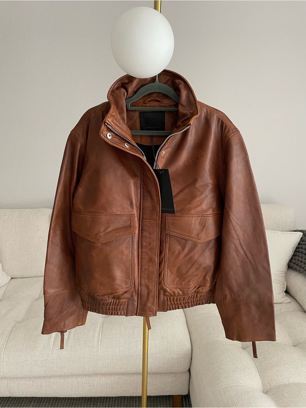 NWT 100% Leather Bomber Jacket ZW Collection Limited Edition Brown MSRP $419 - Picture 5 of 11